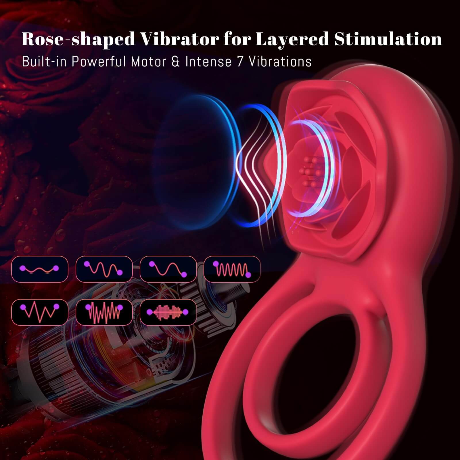 Multi-Functional 7 Vibrating Dual-Loop Rose Clitoral Penis Cock Rings