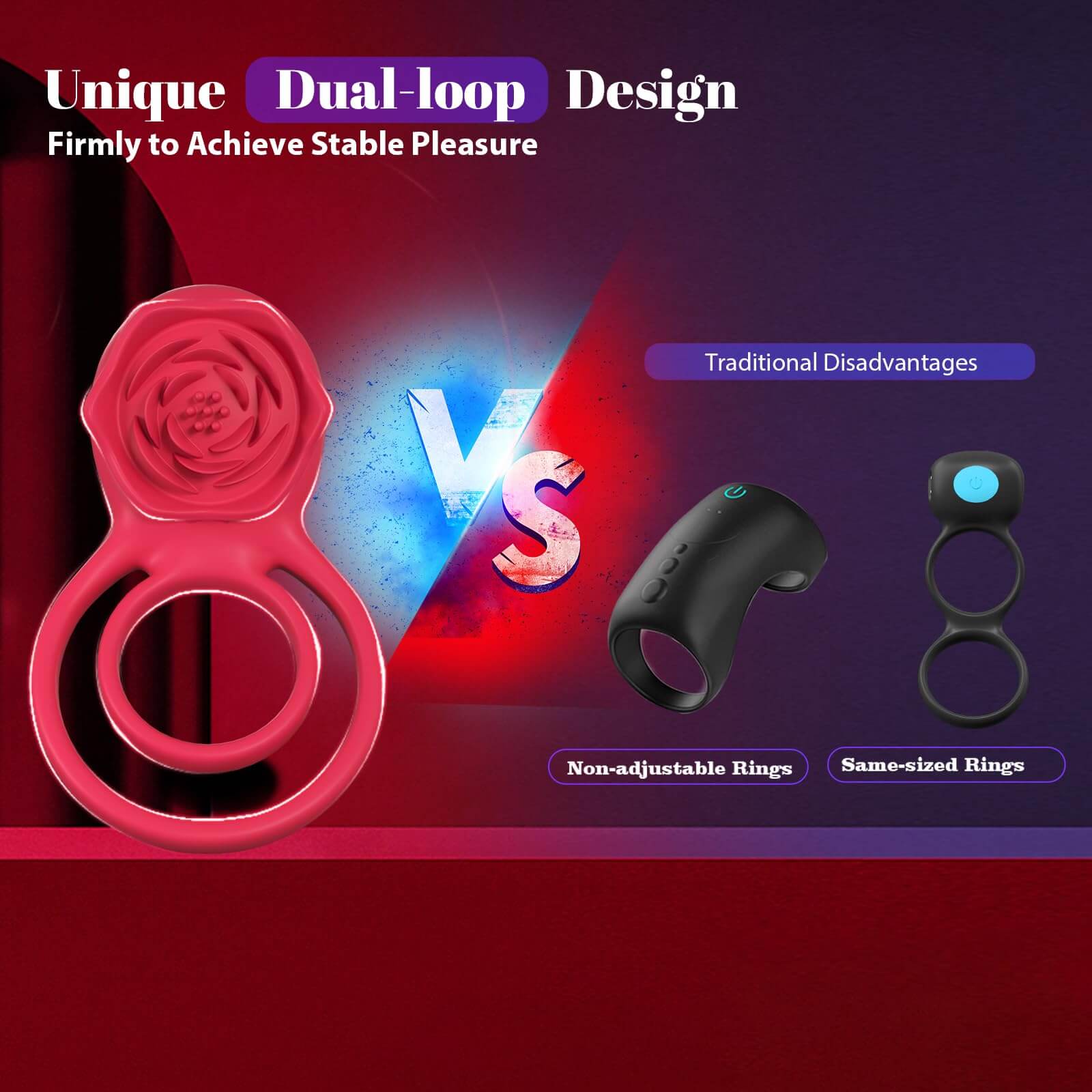 Multi-Functional 7 Vibrating Dual-Loop Rose Clitoral Penis Cock Rings