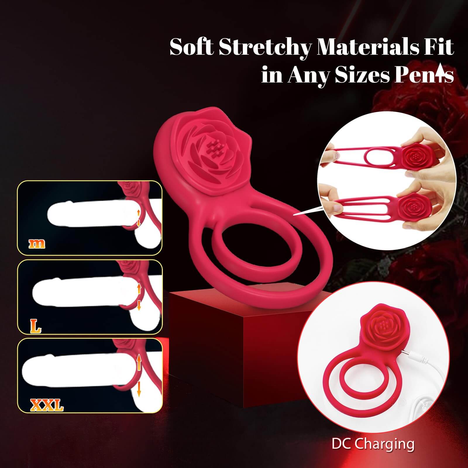 Multi-Functional 7 Vibrating Dual-Loop Rose Clitoral Penis Cock Rings