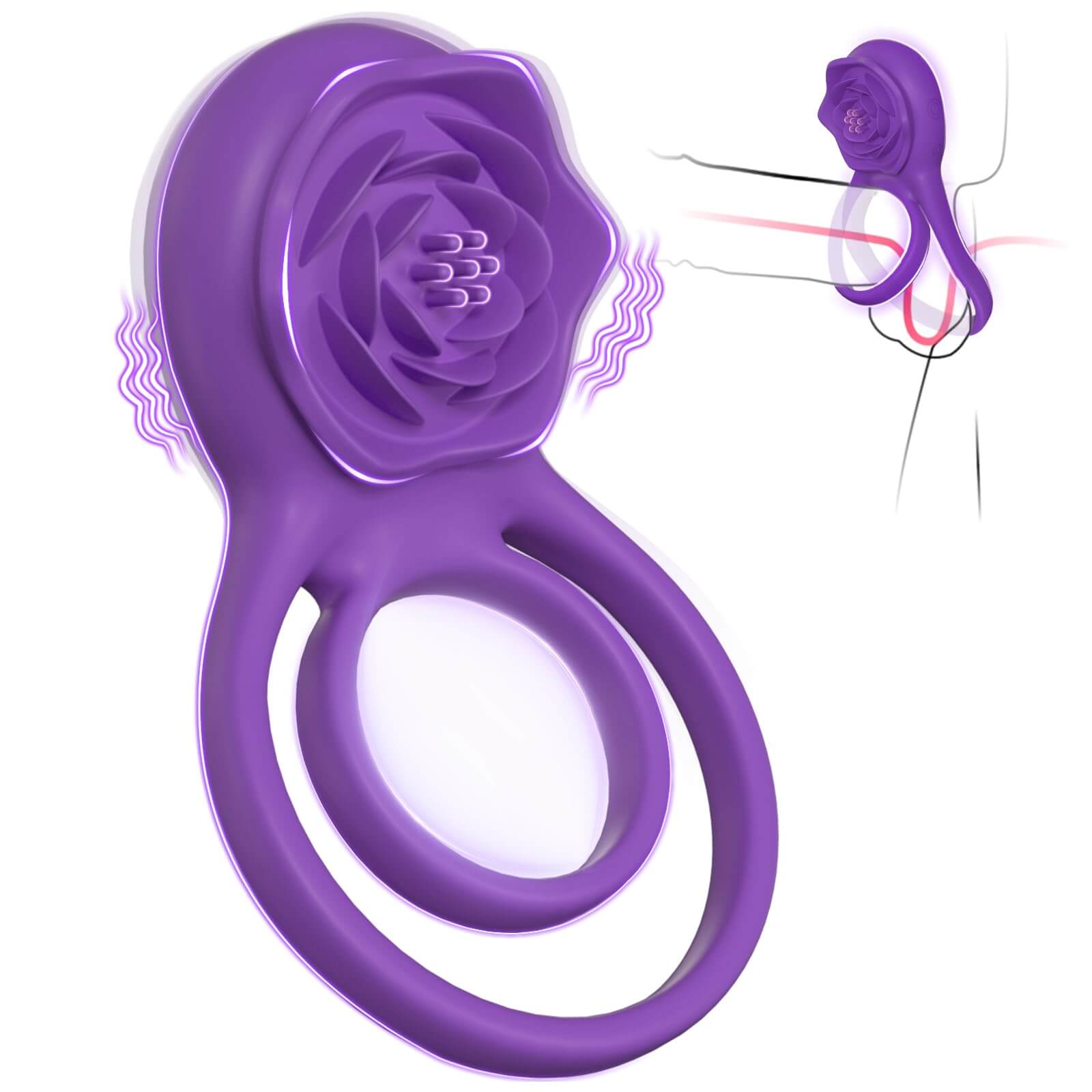 Multi-Functional 7 Vibrating Dual-Loop Rose Clitoral Penis Cock Rings